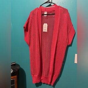 Open-Knit Short Sleeve Cardigan Sweater - red